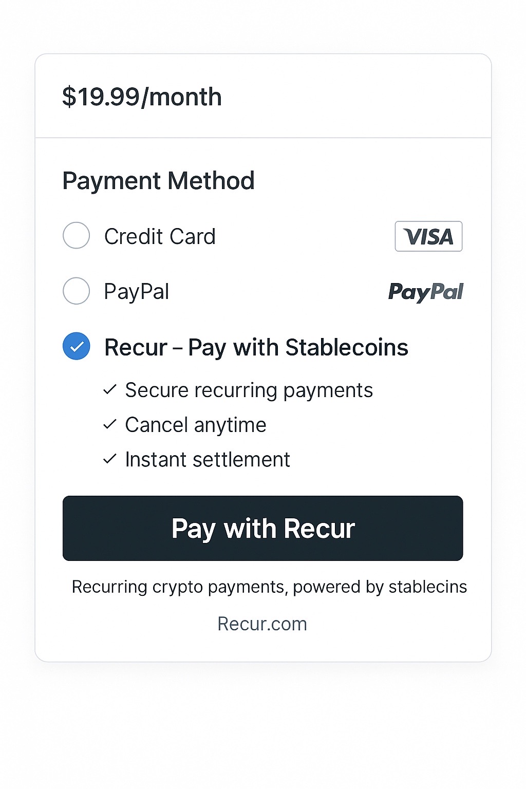 Checkout with 'Pay with RECUR' alongside Visa and PayPal